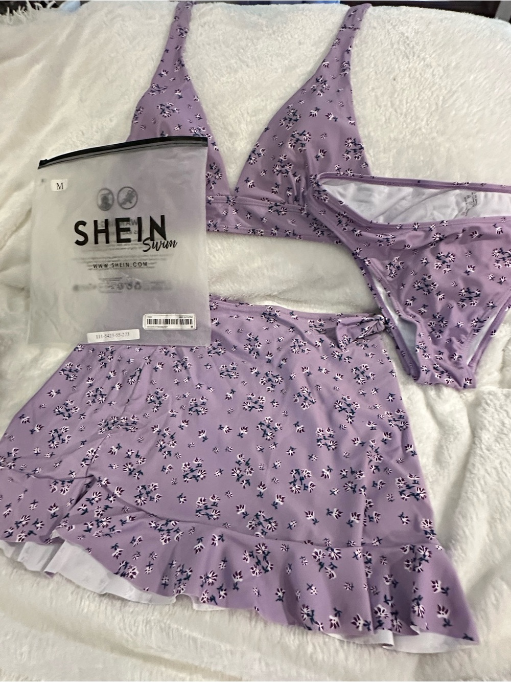 SHEIN Lavender Floral Bikini Top, Bottom & Ruffle Swim Skirt